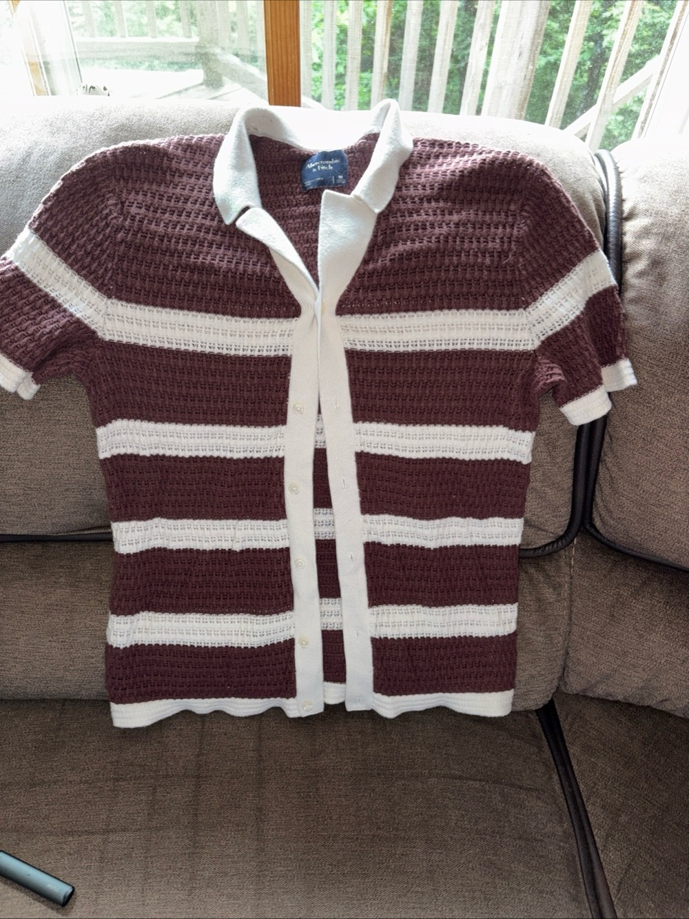 Abercrombie & Fitch Preppy Crochet Polo Travel Sweater Top Brown White Mens M